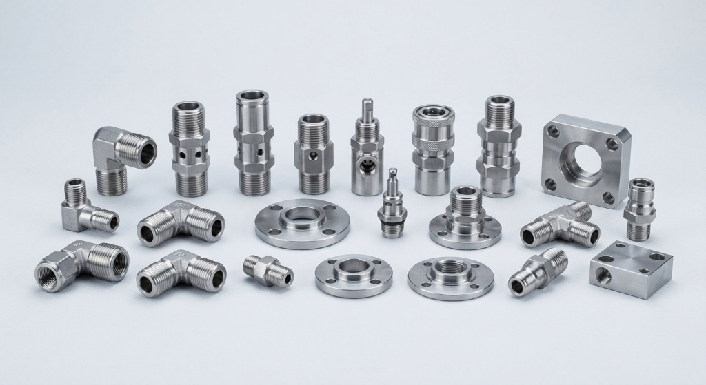 CNC machined 316 and 316L stainless steel fluid fittings and corrosion-resistant components