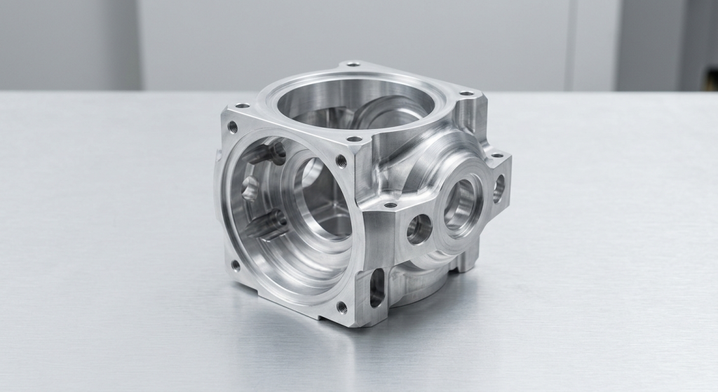 High-complexity 5-axis CNC machined aluminum housing component with multi-face machining and deep cavity structure