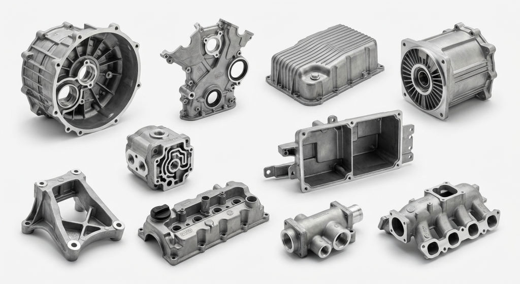 Aluminum die casting parts collage showing precision die cast housings, covers, pump bodies, and structural components