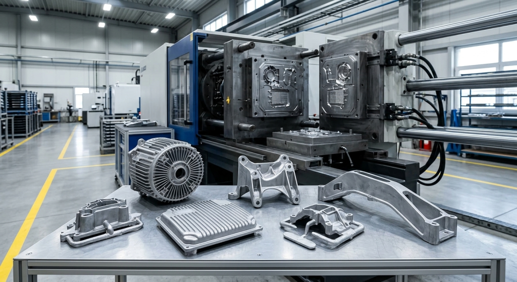 Aluminum die casting mold with finished housing showing the die casting manufacturing process