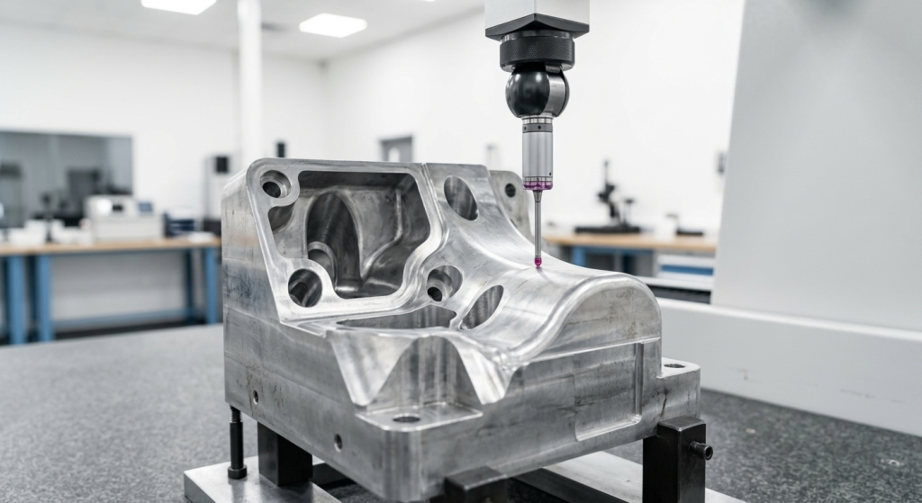 Coordinate measuring machine inspecting a high-complexity 5-axis CNC machined aluminum component