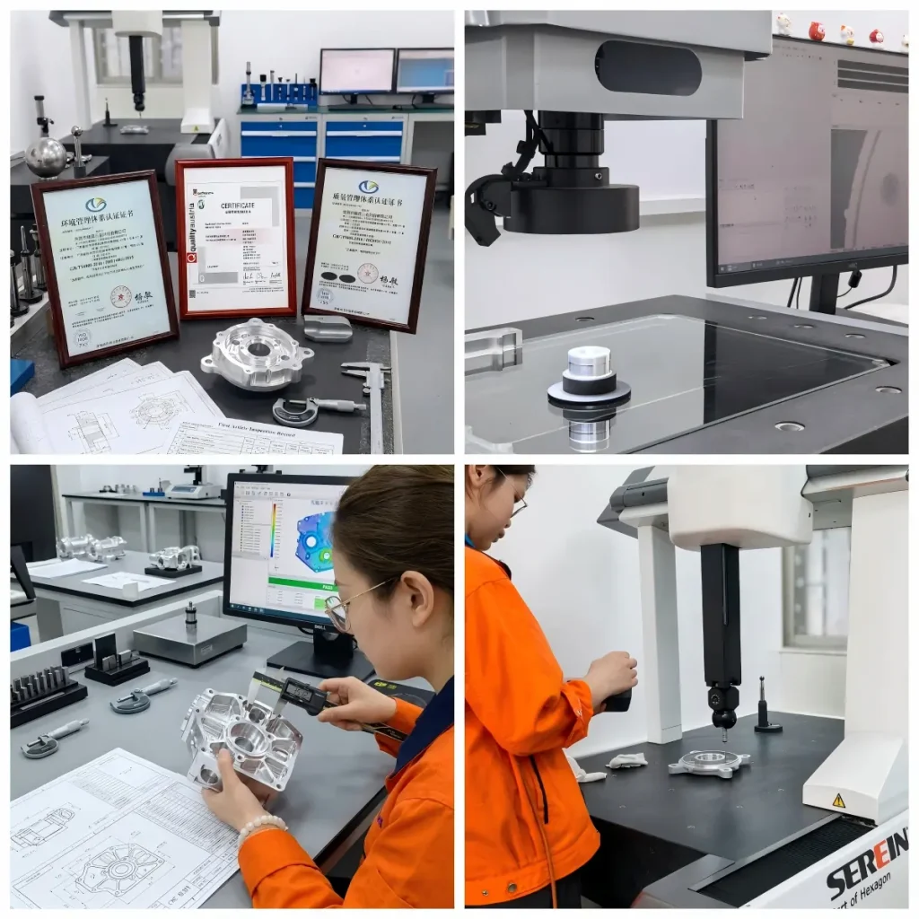 Quality assurance processes for precision CNC mill-turn machining, showcasing CMM dimensional inspection, certified material testing, and first article inspection (FAI).