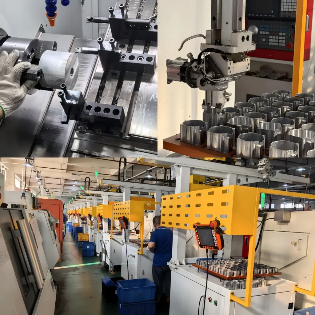 CNC turning production line with precision machining head and aluminum parts in a real factory workshop