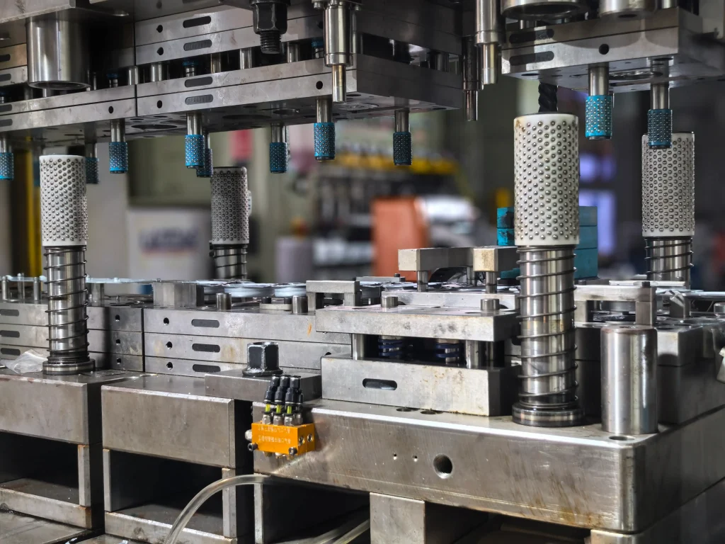 precision compound die metal stamping tooling in industrial press