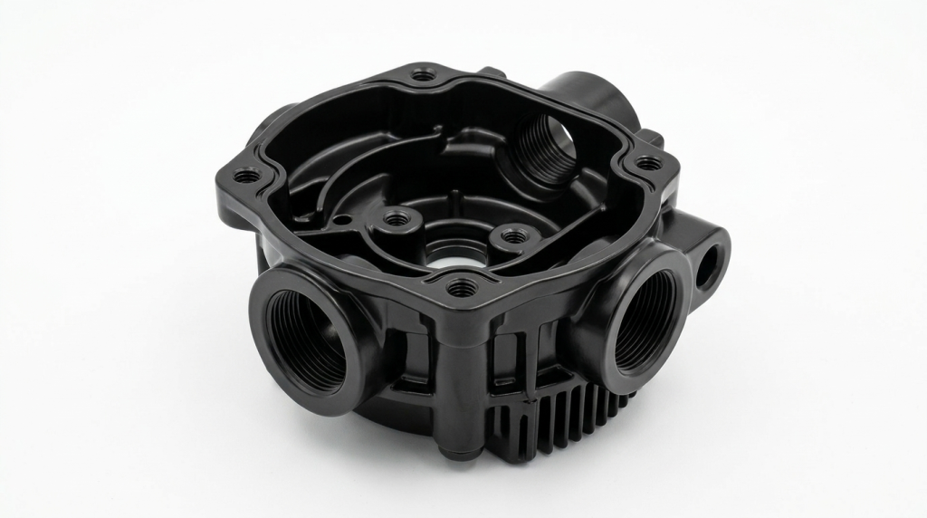 Copper die casting part with e-coating (electrophoretic painting) finish, showing smooth and uniform coating on a white background.