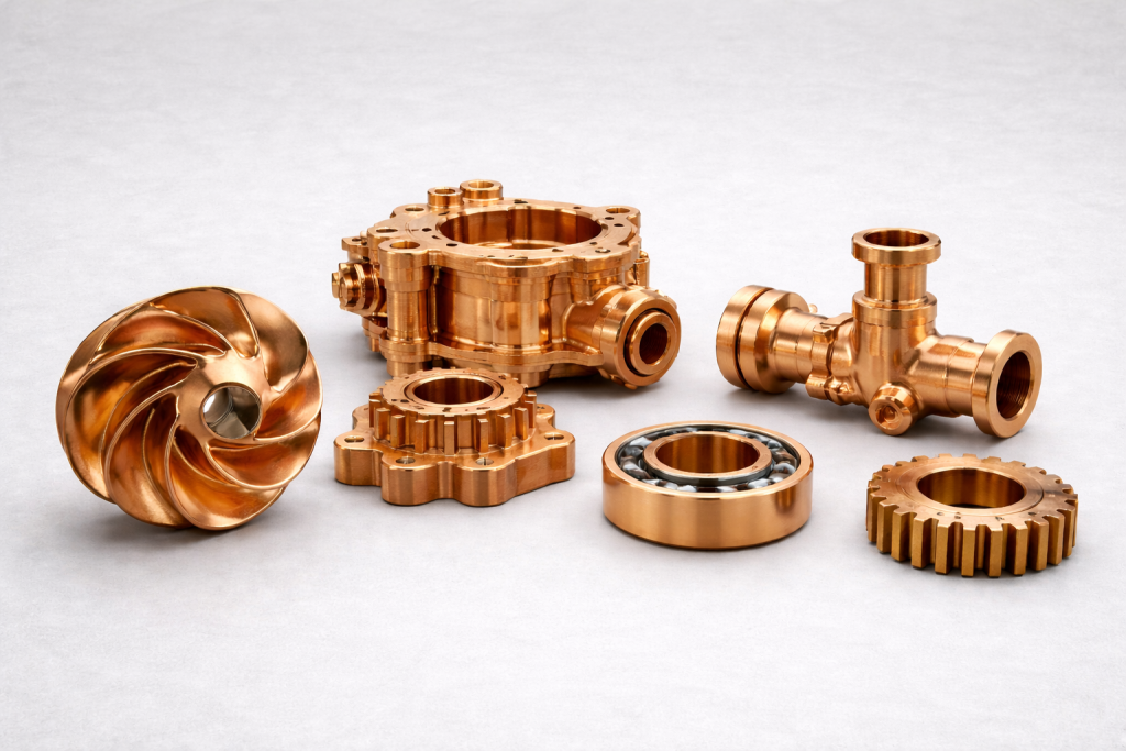 Close-up photograph displaying copper die-casting components for industrial machinery and marine hardware, showing excellent surface finish and intricate details.