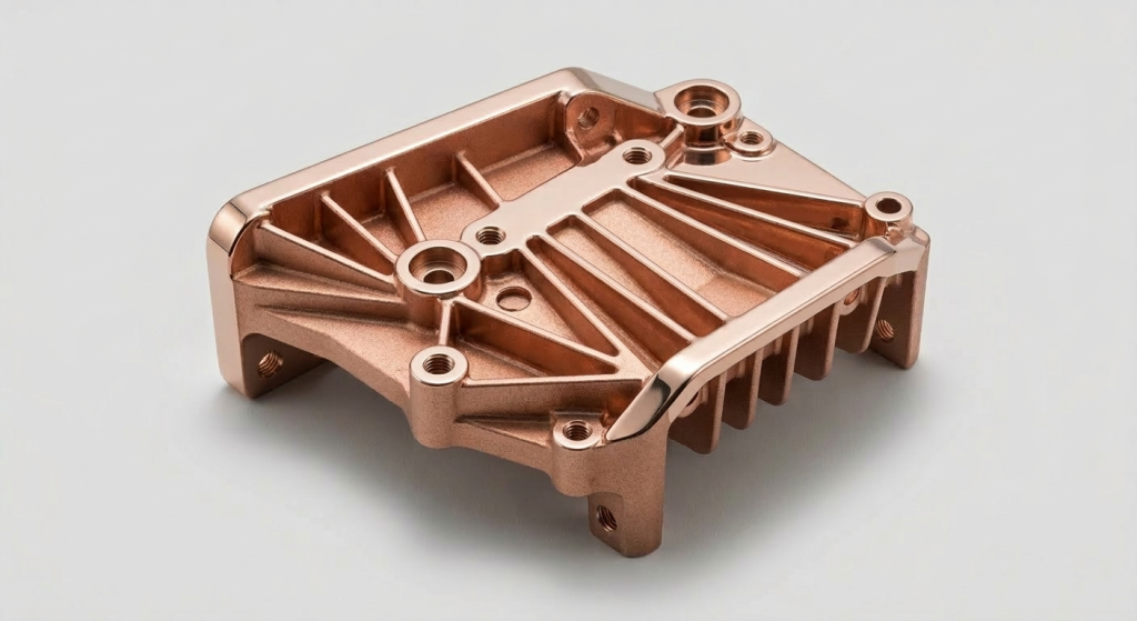 Copper die casting part with mechanical polishing and sandblasting finishes, showcasing smooth and textured surfaces.