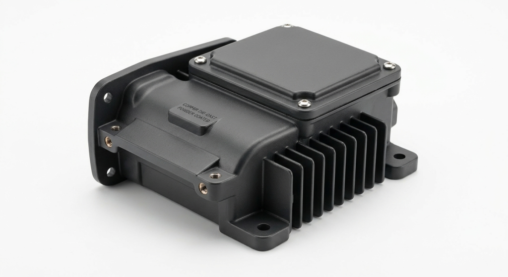 Close-up view of copper die casting part with powder coating, showcasing smooth and durable finish on a white background.