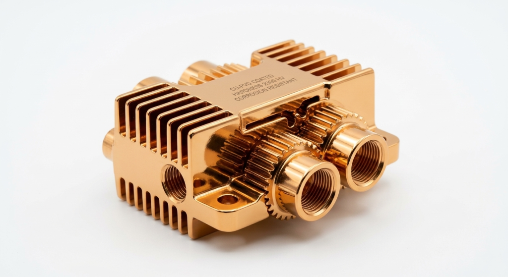 Copper die casting part with PVD coating, showing a sleek and durable metallic finish on a white background.