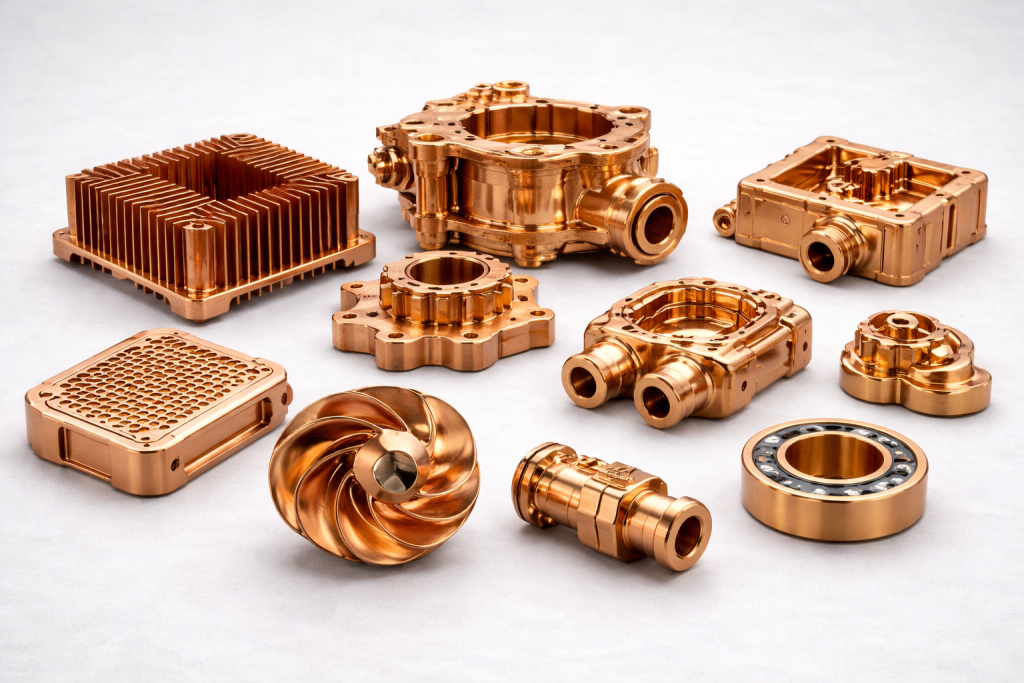 High-resolution image showcasing precision copper die casting parts, including gears, turbine components, and connectors, designed for industrial machinery and marine hardware.
