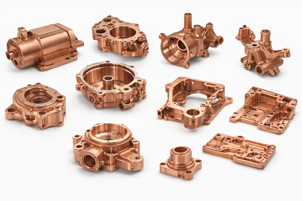 Copper die-cast parts with finely machined surfaces showcasing intricate designs and reflective copper finish