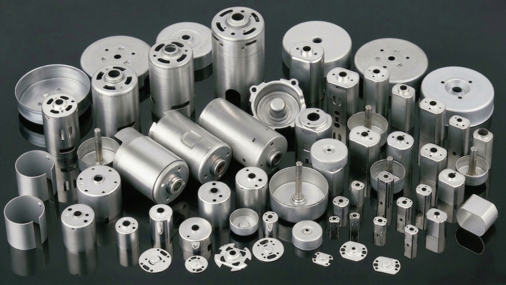 Custom galvanized steel stamping parts for micro motor housings, including various metal components such as motor casings, brackets, and mechanical parts