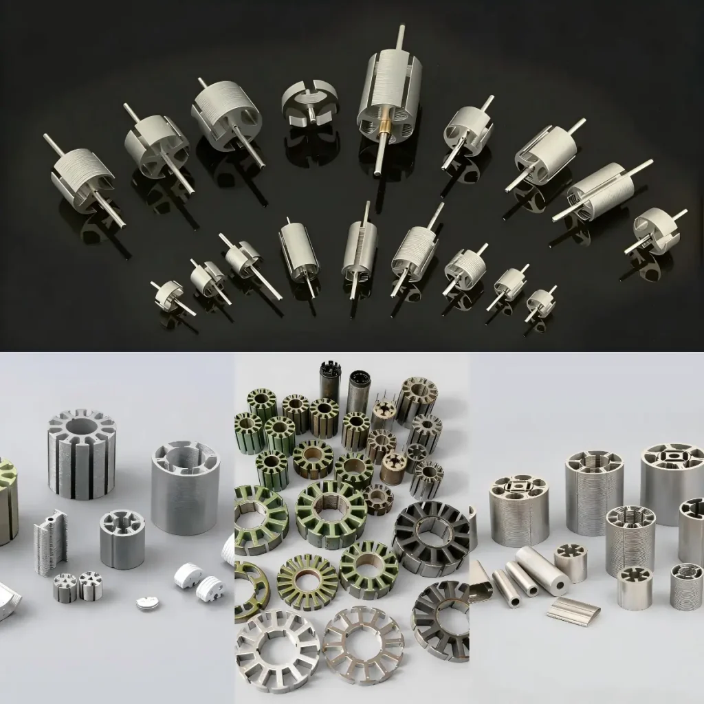 Collage of custom silicon steel stamping parts for high-performance motor laminations, including stators and rotors.
