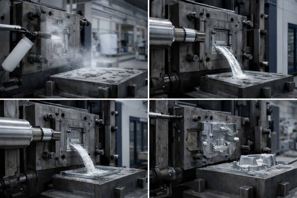 The four main stages of high pressure die casting process: preparation, injection, cooling, and ejection