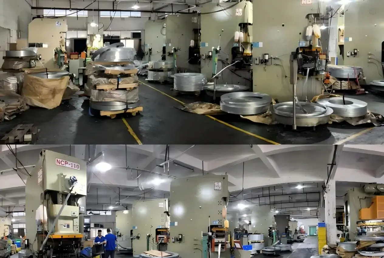 A modern, massive automated metal stamping facility floor with rows of heavy-duty presses, illustrating 250M sets annual capacity.