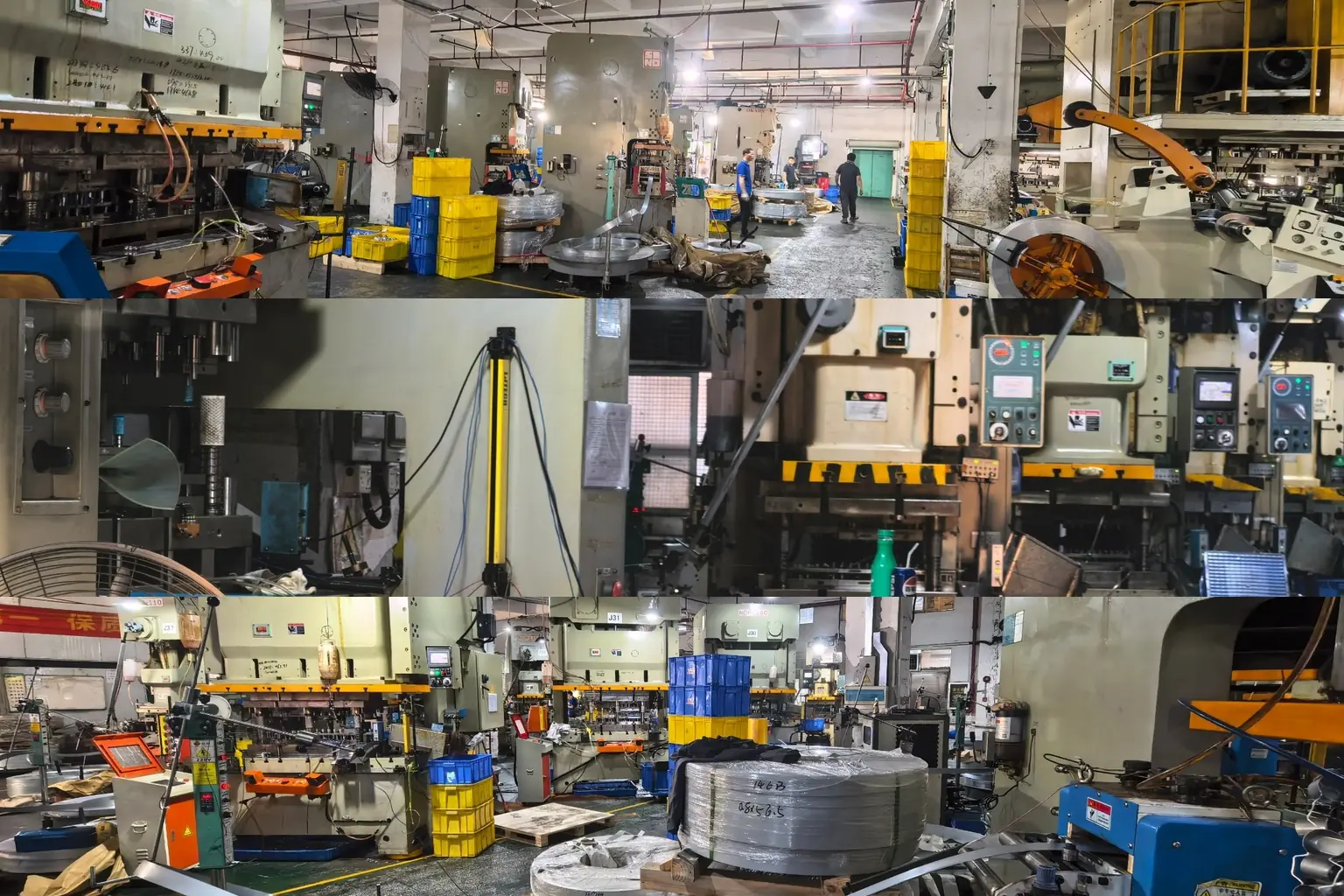 High-volume stainless steel stamping production line with automated presses and coil feeding