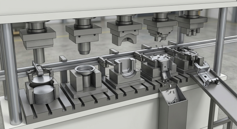transfer die stamping process with separate metal workpieces moving through independent stations