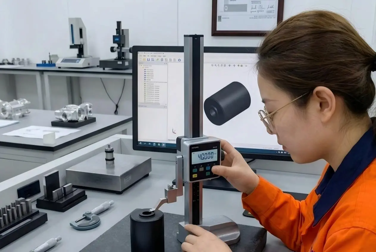 A quality control inspector uses a CMM to measure a galvanized steel micro motor housing, ensuring IATF 16949 automotive-grade quality standards.
