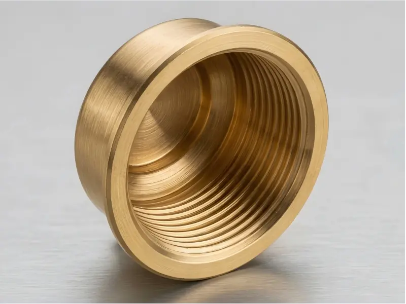 Deep drawn brass component featuring precise internal threading and an engraved logo.