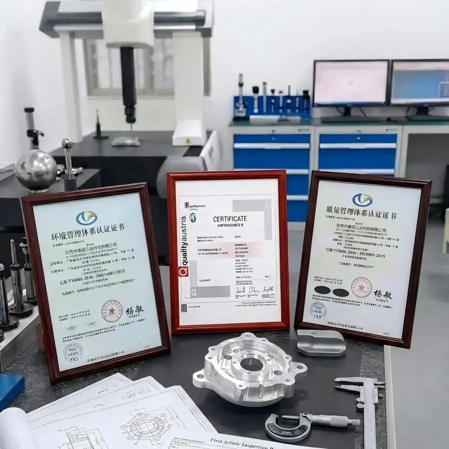 Precision 5-axis CNC machined parts displayed with ISO 9001, ISO 14001, and IATF 16949 quality certification documents