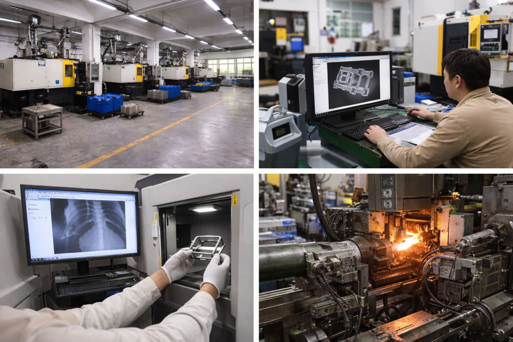 Magnesium die casting production line showing automated hot-chamber casting machines