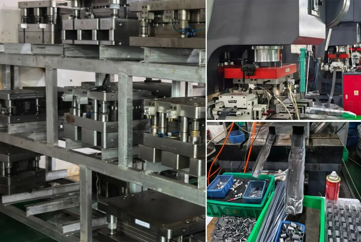 Integrated one-stop motor core manufacturing process including carbide die design, high-speed stamping, laser welding, and stress-relief annealing.