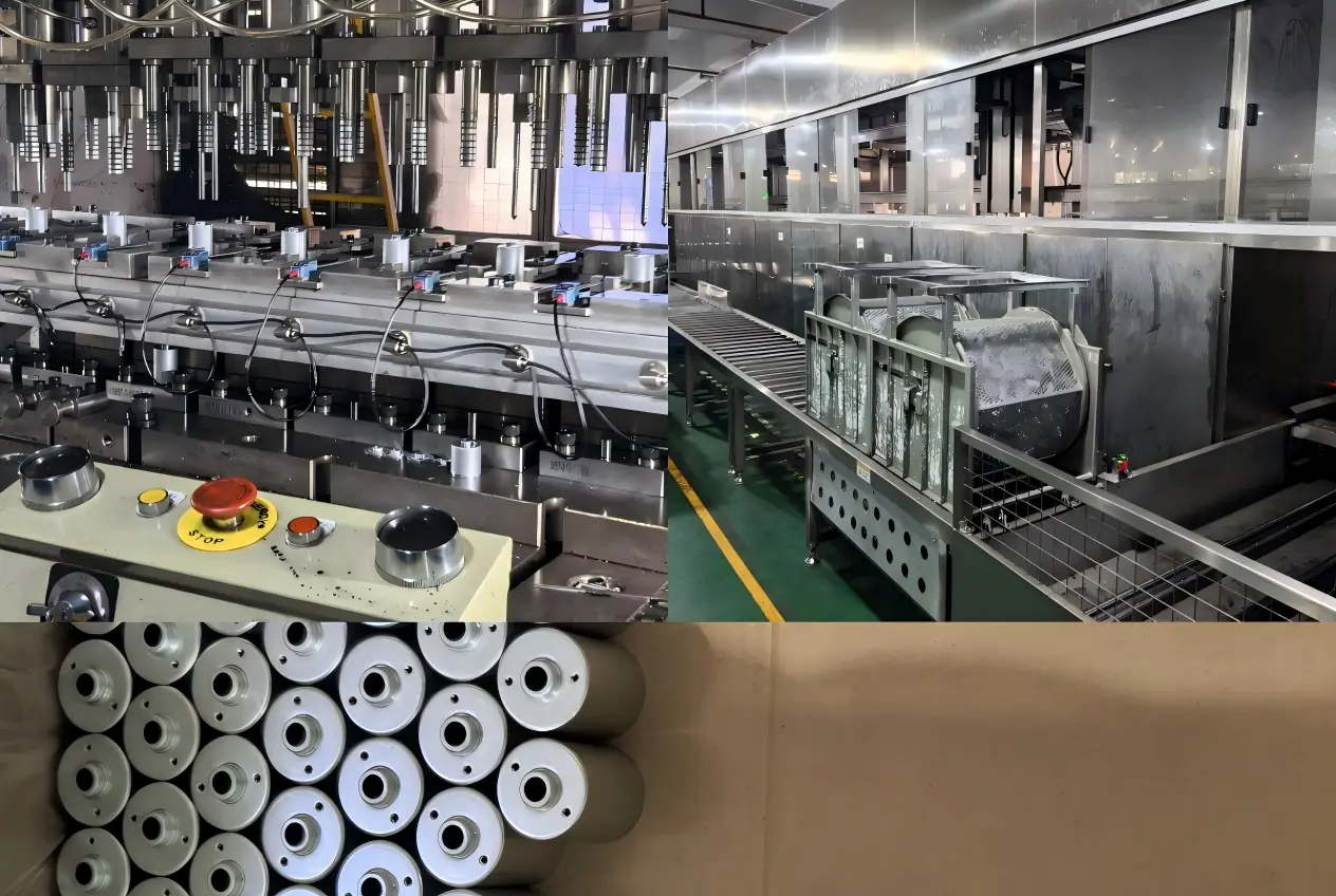 A close-up view comparing raw galvanized steel, a CNC-stamped part, and a finished black e-coated motor housing."