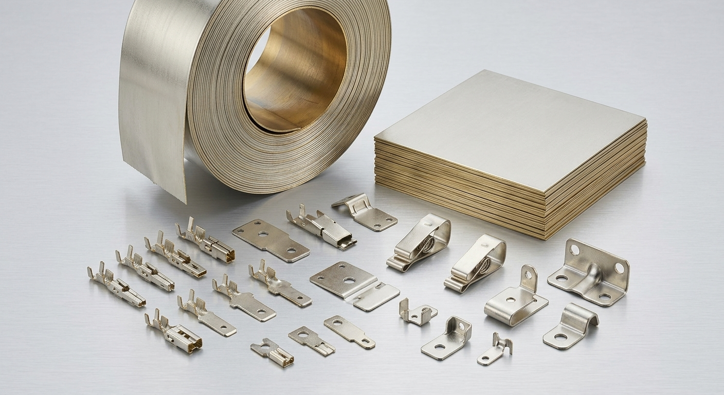 Pre-tin-plated brass coil, sheets, terminal contacts, connector tabs, conductive clips, and precision stamping components