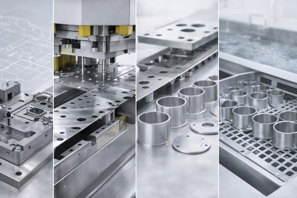Precision aluminum stamping workflow showing DFM and progressive die design, high-speed blanking and piercing, deep drawing of motor shells, and ultrasonic cleaning