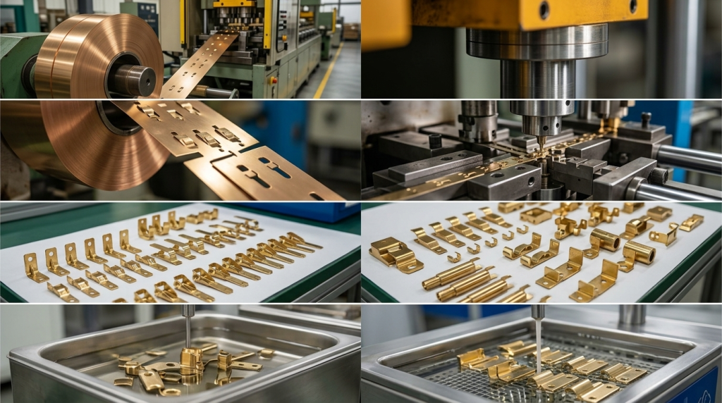 Precision brass stamping workflow showing coil feeding, high-speed terminal stamping, small electrical contact parts, and cleaning before plating