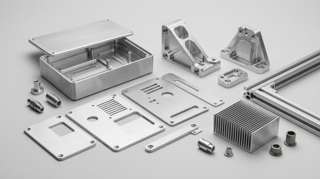 Precision CNC machined aluminum parts including housings, brackets, covers, and heat sink components
