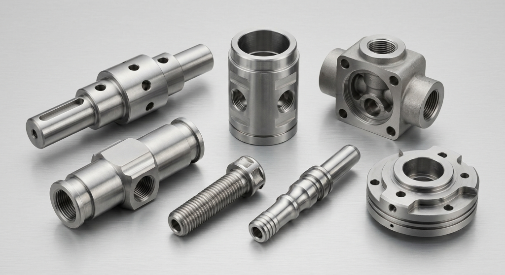 Precision CNC mill-turn parts and components including shafts, valve bodies, cylindrical housings, threaded connectors, and complex turned parts with milled features
