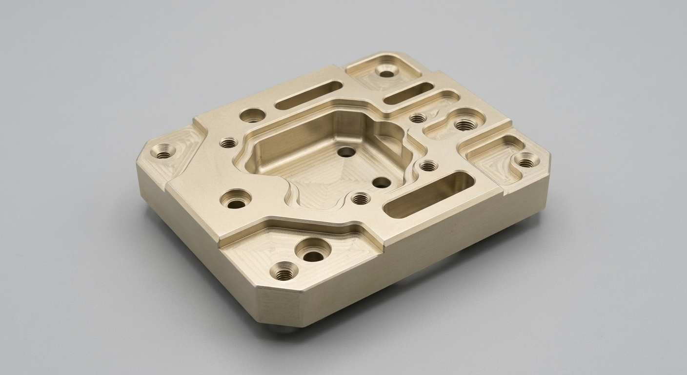Precision CNC milled aluminum part with alodine conversion coating in a light golden protective finish