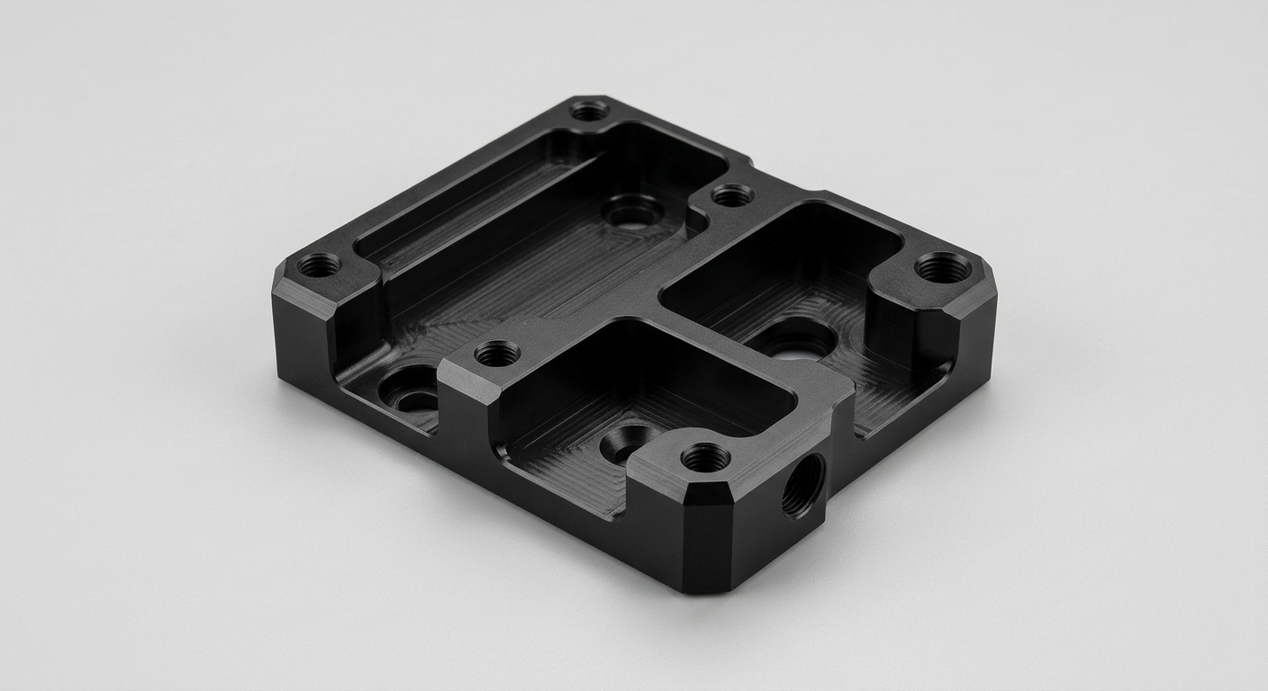 Precision CNC milled aluminum part with black anodized surface finish and uniform matte appearance