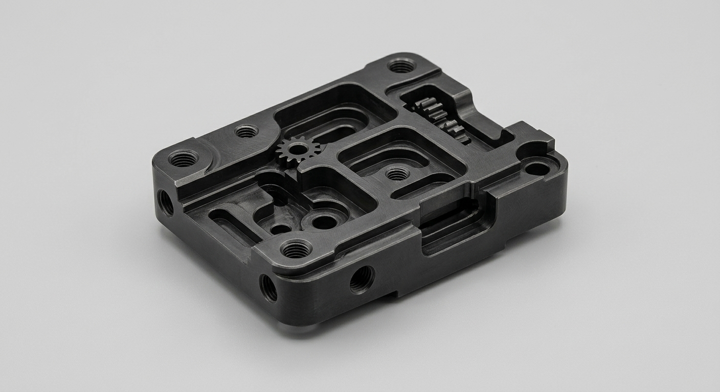 Precision CNC milled steel part with black oxide finish and clean satin black industrial surface