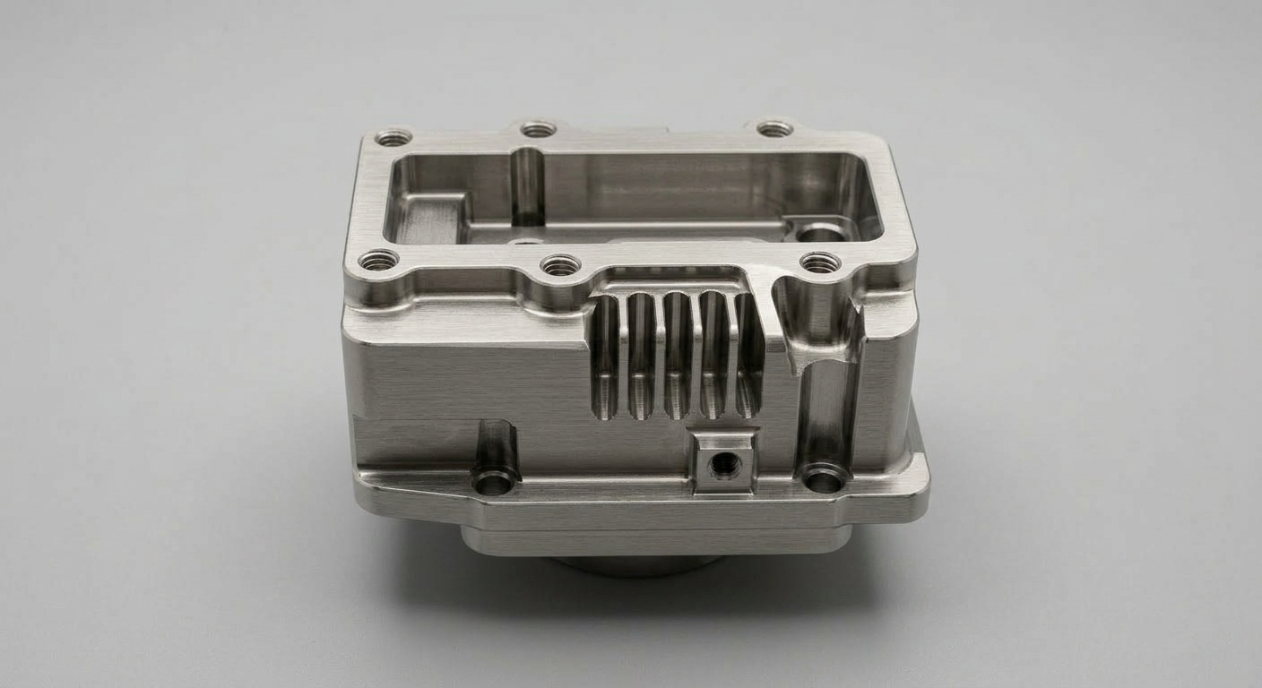 Precision CNC milled part with brushed finish and fine linear metallic grain texture