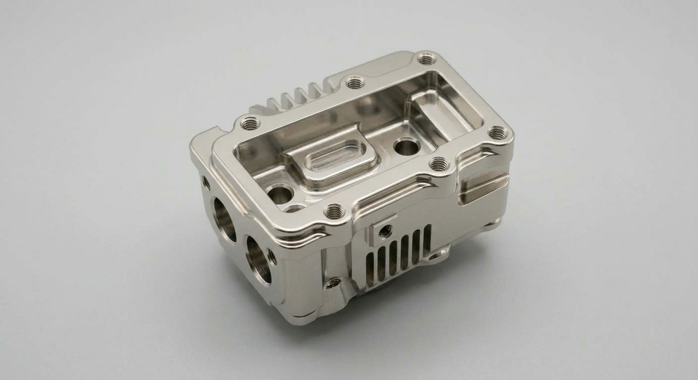 Precision CNC milled part with electroplated finish and bright uniform metallic surface