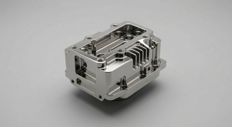 Precision CNC milled part with polished finish and bright reflective metallic surface