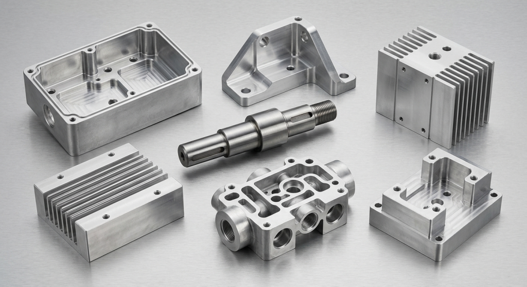 Precision CNC milling parts and components including enclosure housing, bracket, shaft, heat sink, manifold block, and tooling parts