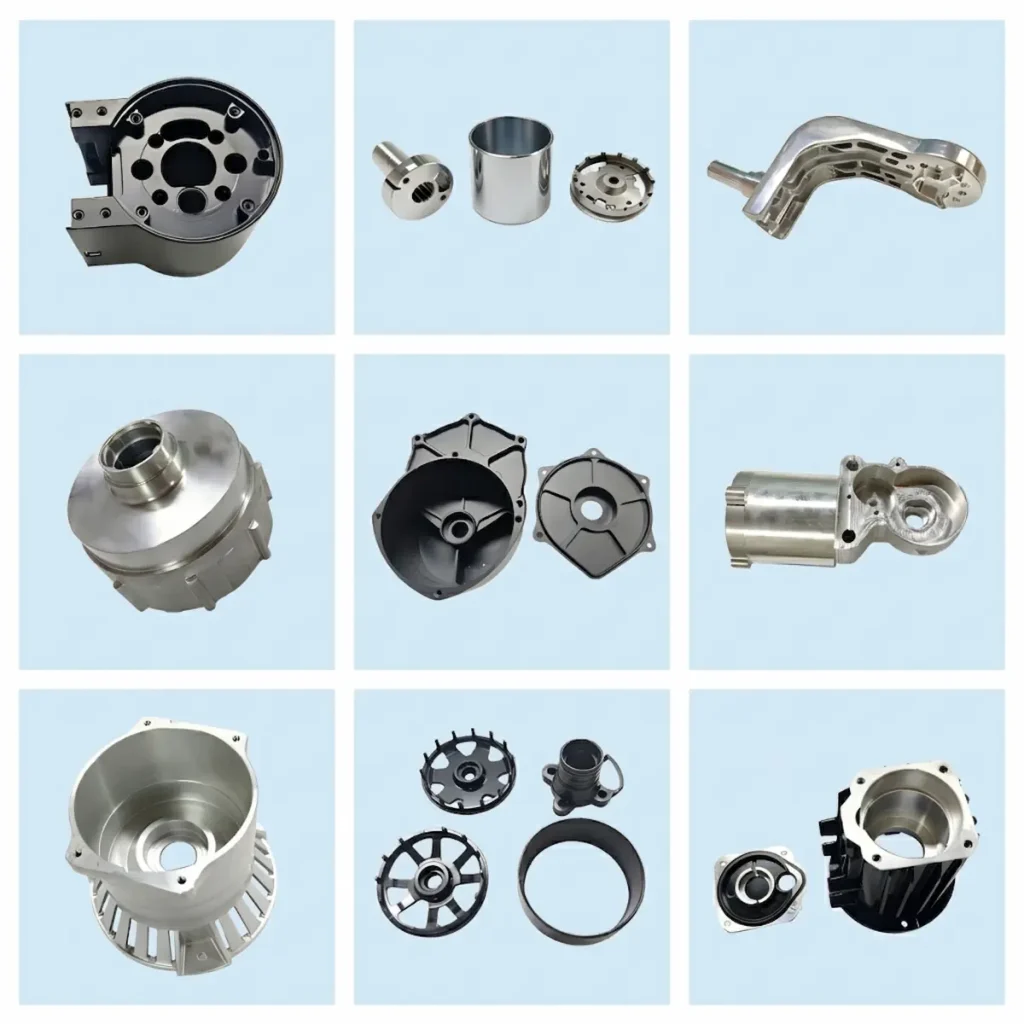 Assorted precision CNC milled components including aluminum housings, medical parts, and plastic gears.