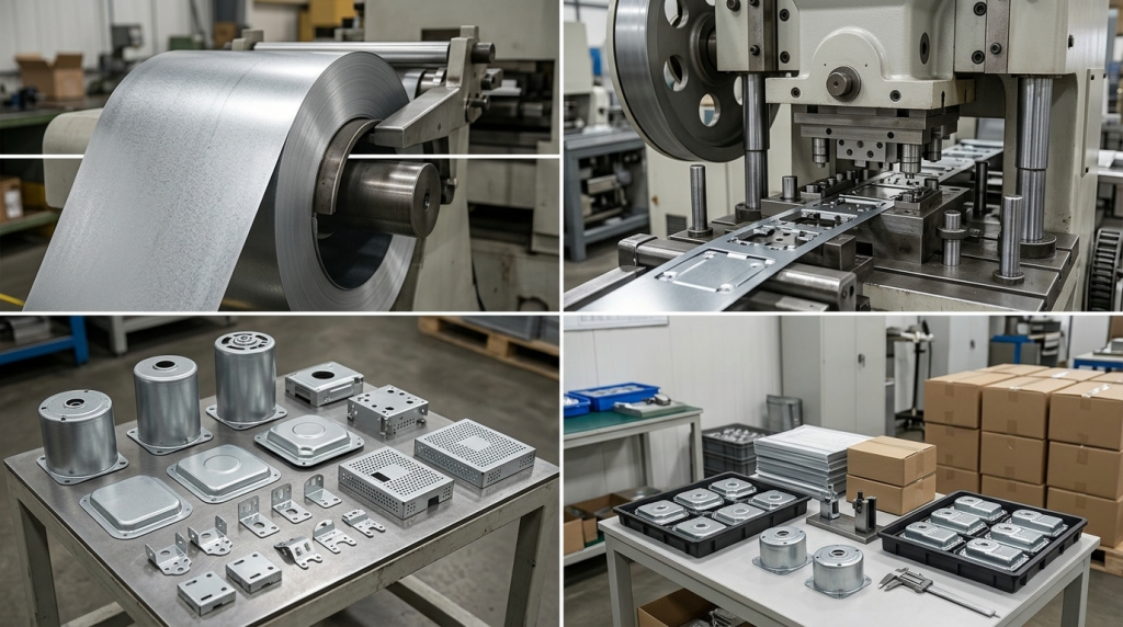Precision galvanized steel stamping workflow showing SECC coil feeding, forming, stamped housings and covers, and anti-rust preparation for custom metal parts