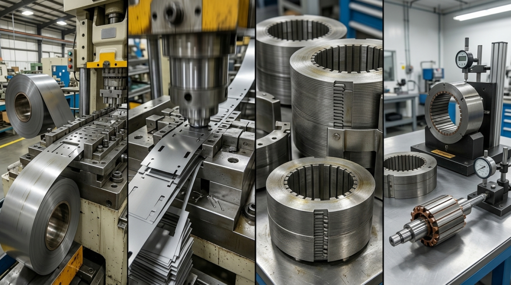 Precision silicon steel stamping workflow showing electrical steel coil feeding, lamination stamping, stacked stator cores, and motor core inspection for custom motor components