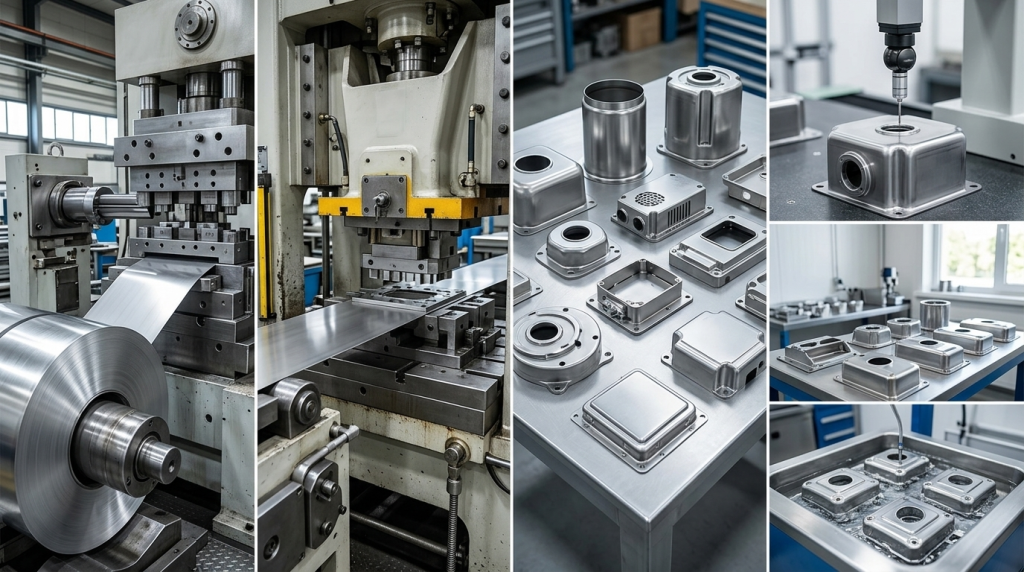 Precision stainless steel stamping workflow showing coil feeding, high-tonnage stamping, deep-drawn stainless parts, and secondary finishing for custom motor components