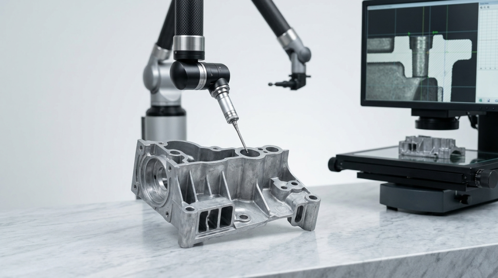 Zinc die casting part undergoing quality assurance testing with precision measurement tools