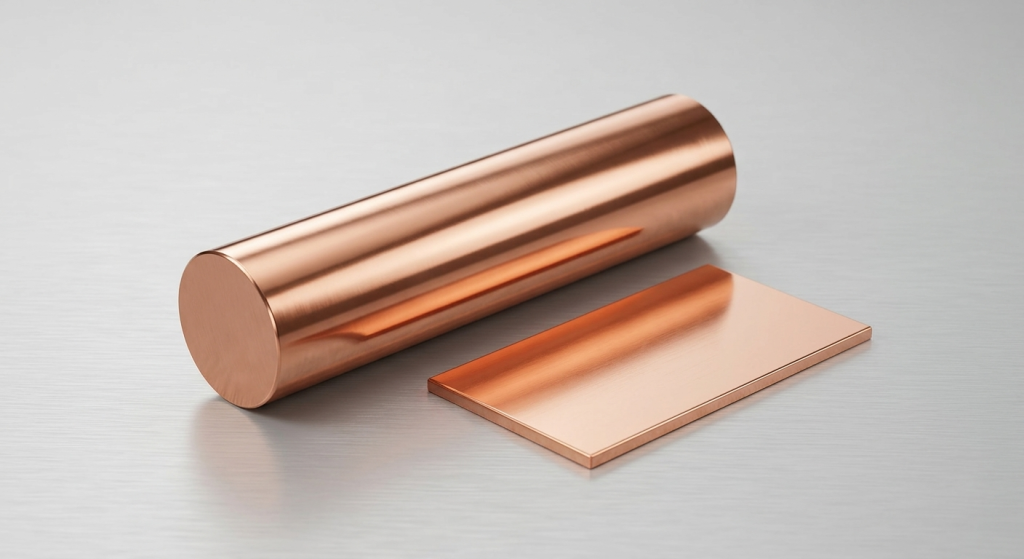 High-resolution photo of raw copper material, showcasing a smooth and polished copper sheet and bar with a metallic texture.