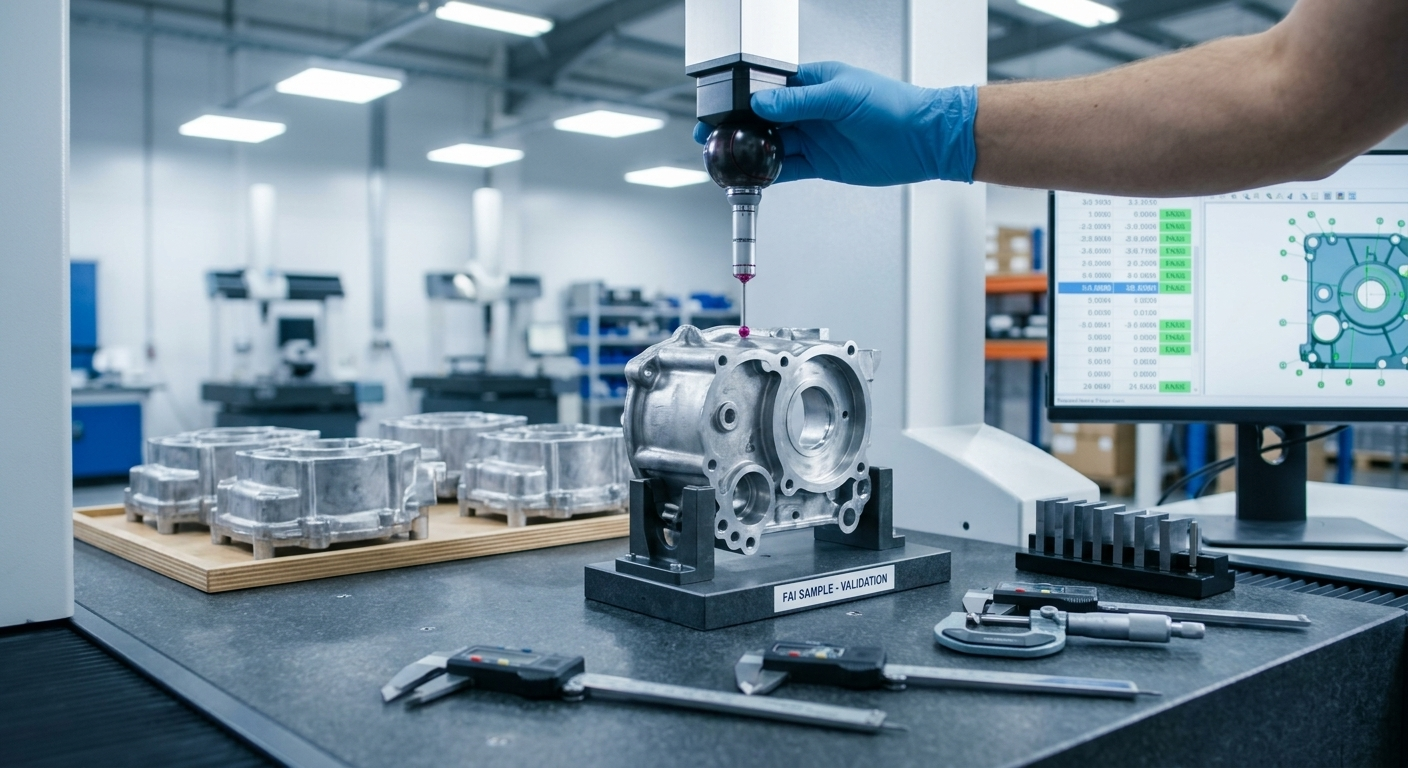 Sample validation of an aluminum alloy die casting part with precision measurement before mass production