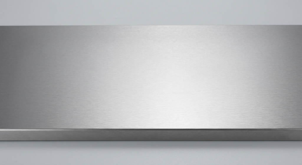 Close-up of polished stainless steel surface with a brushed finish, showing metallic texture and high-quality shine.
