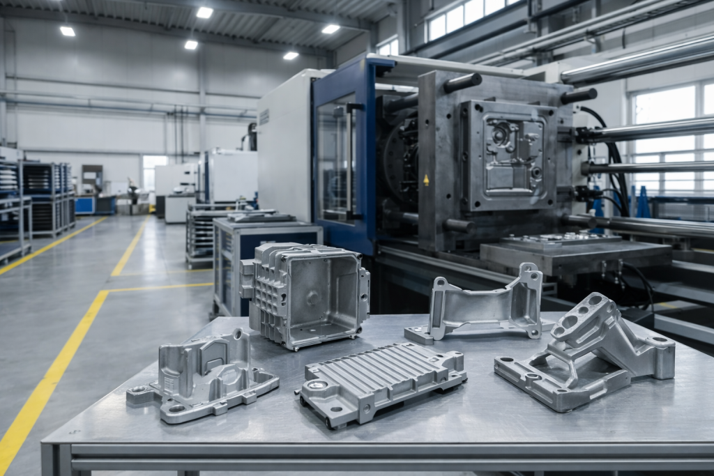 Real magnesium alloy die casting machine and lightweight die cast parts in a factory environment