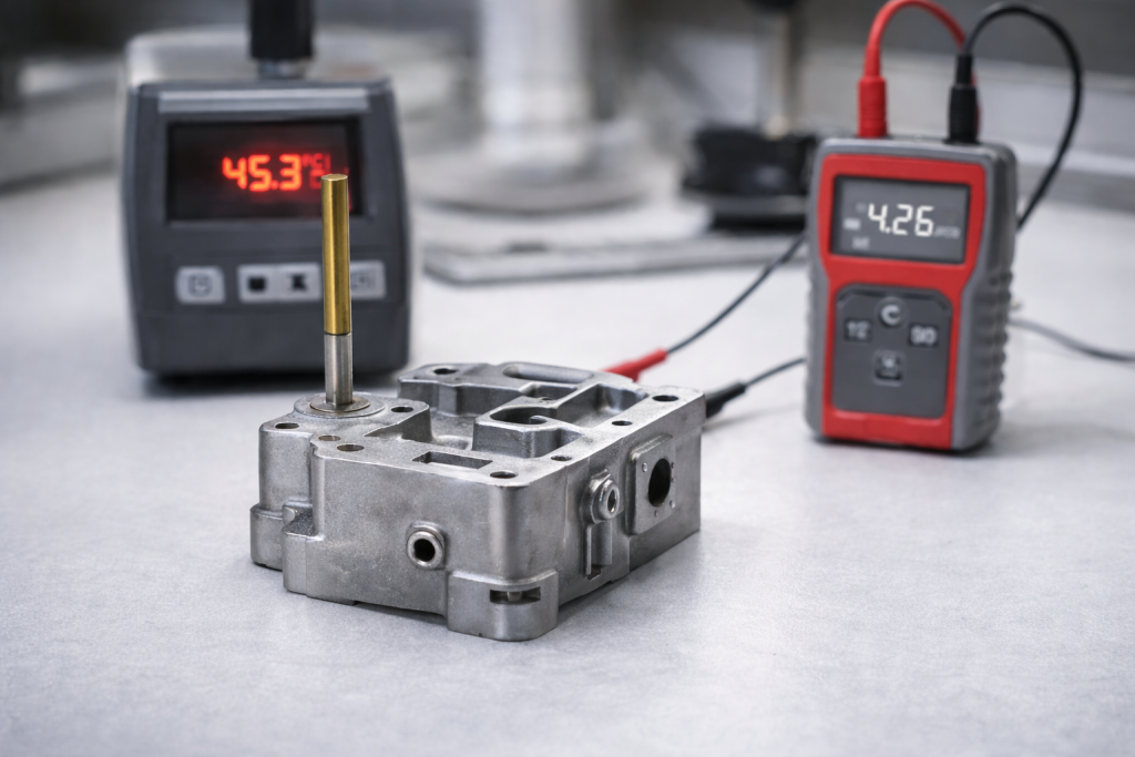 Zinc die casting part showcasing thermal and electrical conductivity properties in a test environment