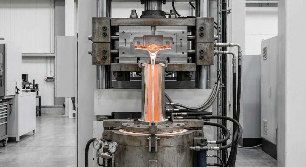 Low pressure die casting process for aluminum parts showing bottom-up mold filling in a controlled industrial casting system